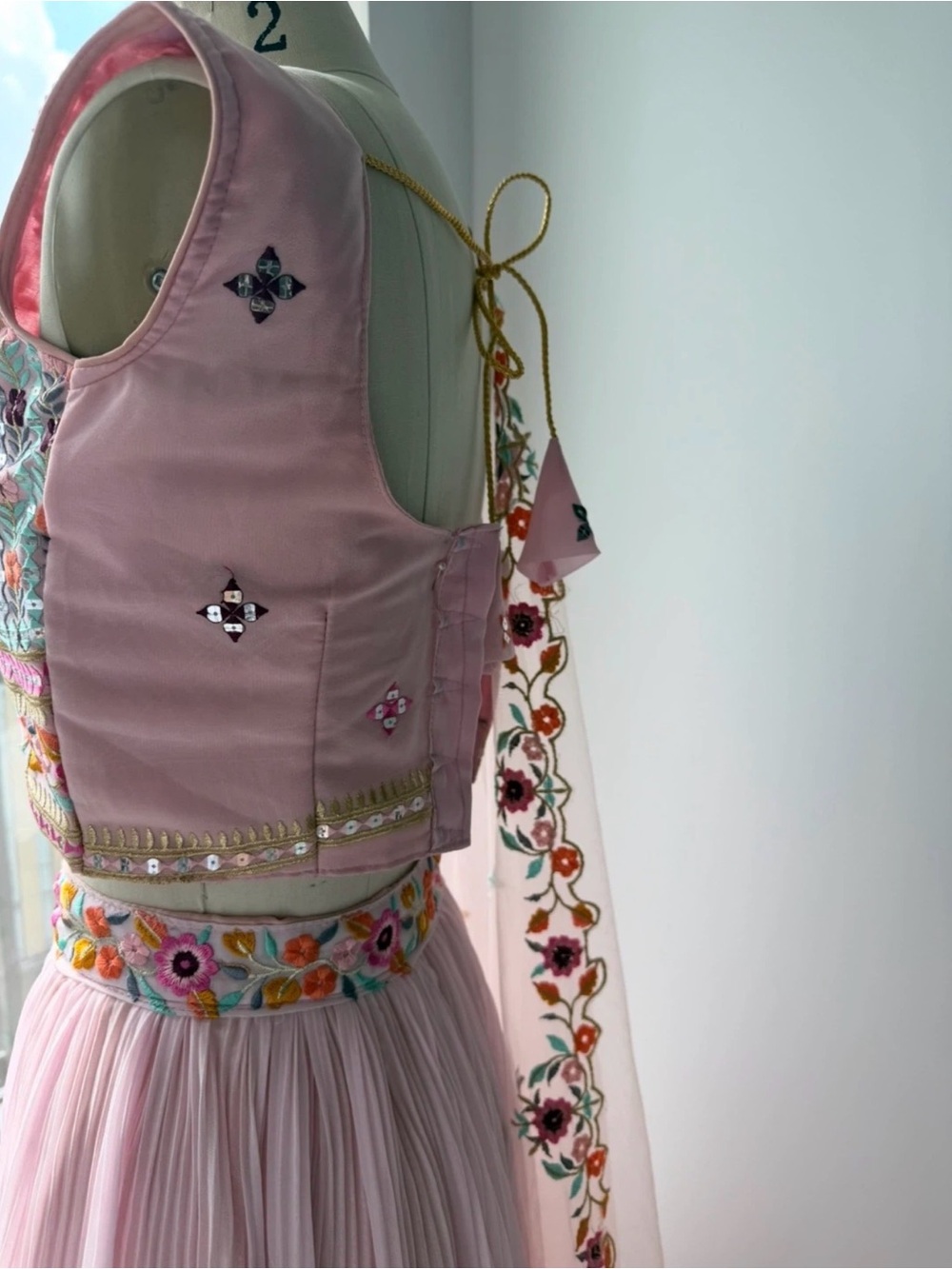 Embellished Pastel Pink Lehenga Set with Floral Embroidery - Picture 3 of 4